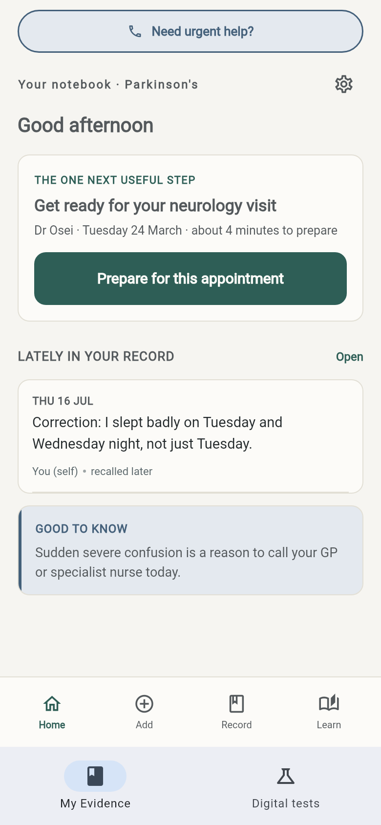 Lantern home screen: your notebook, with the one next useful step and recent entries