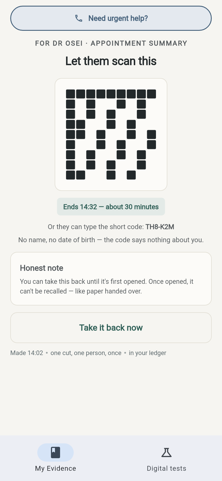Lantern hand-off screen: sharing your record with a clinician in the consulting room