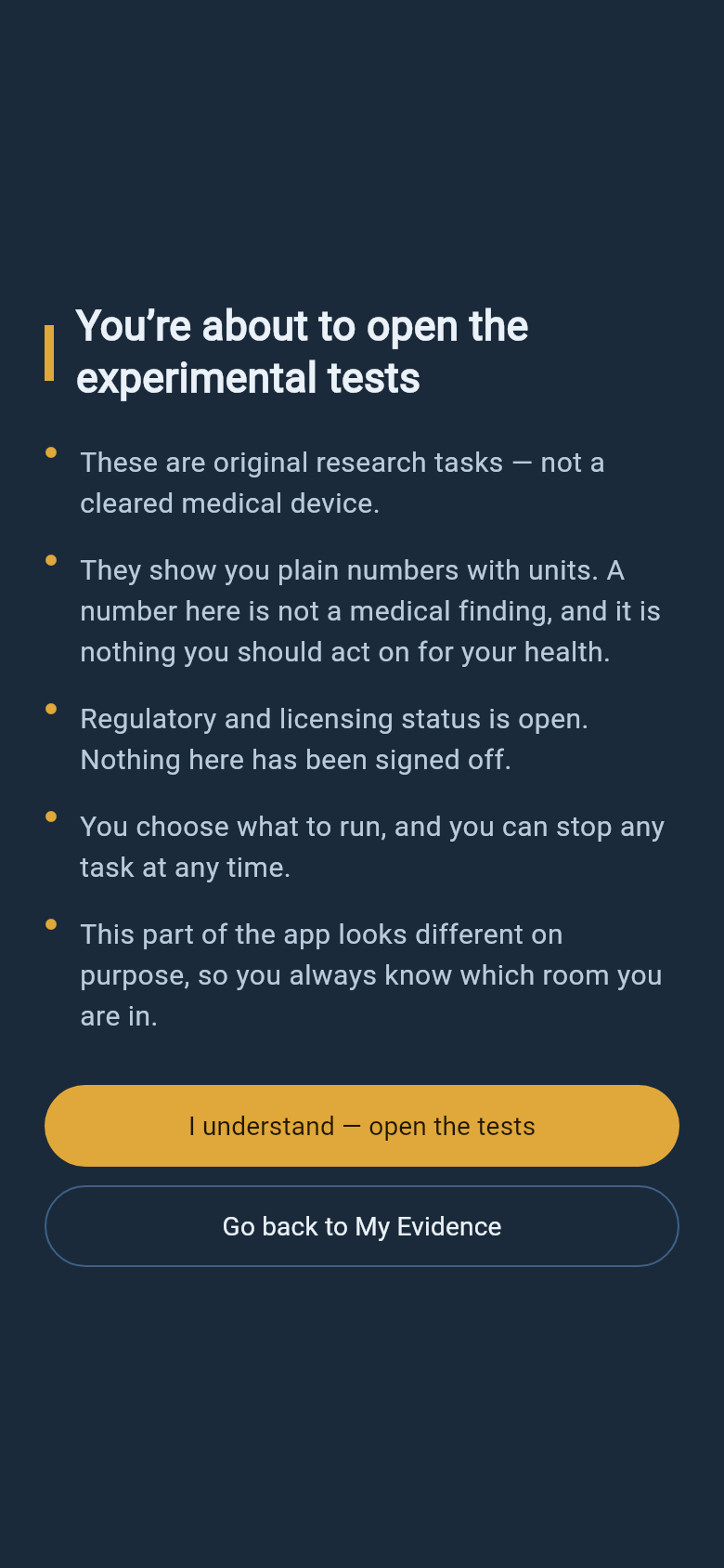 Lantern digital-tests screen: a dusk-blue “experimental” room that opens with a plain warning that these are original research tasks, not a cleared medical device