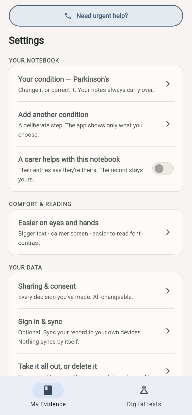 Lantern settings screen: change your condition, carer help, comfort options, sharing, sign-in and delete-everything